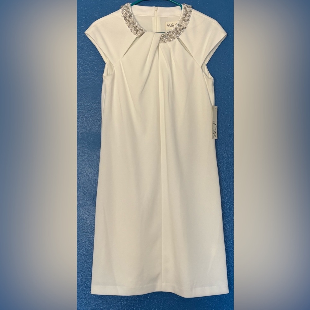 ELIZA J White Dress with Silver Embellished Neckline ,NWT Size 8